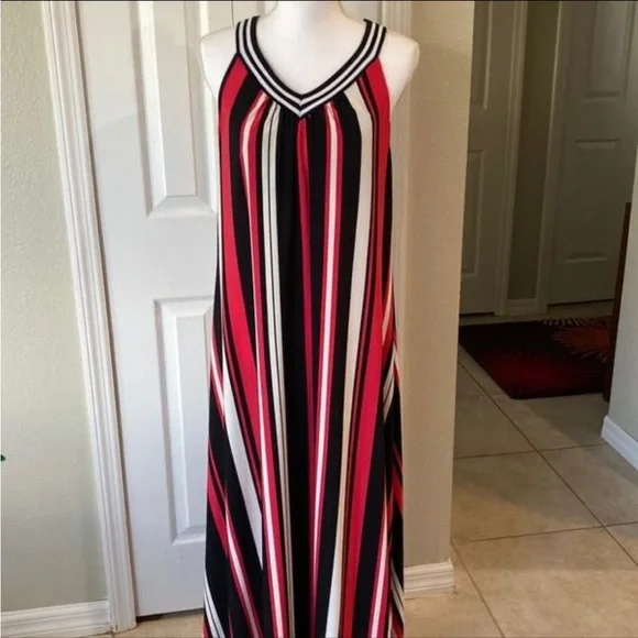 open lace back dress Red Stripe Strapless Midi Dress - Event Dresses
